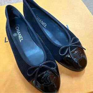 CHANEL Navy Fabric Ballet Flats with Black Patent Cap Toe